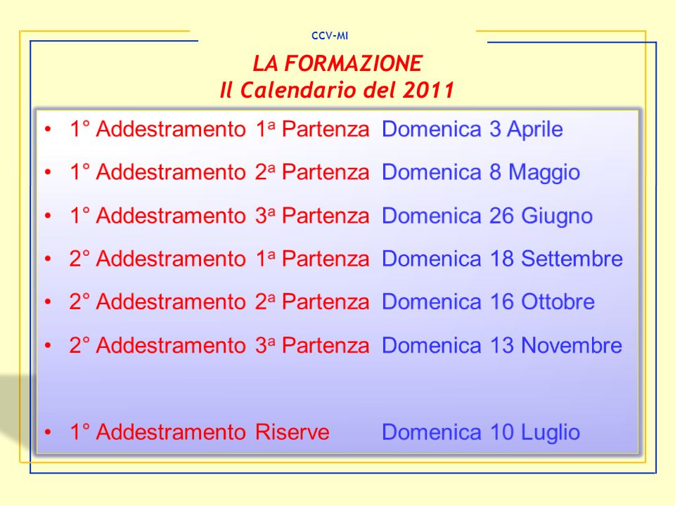 LA FORMAZIONE Il Calendario del 2011