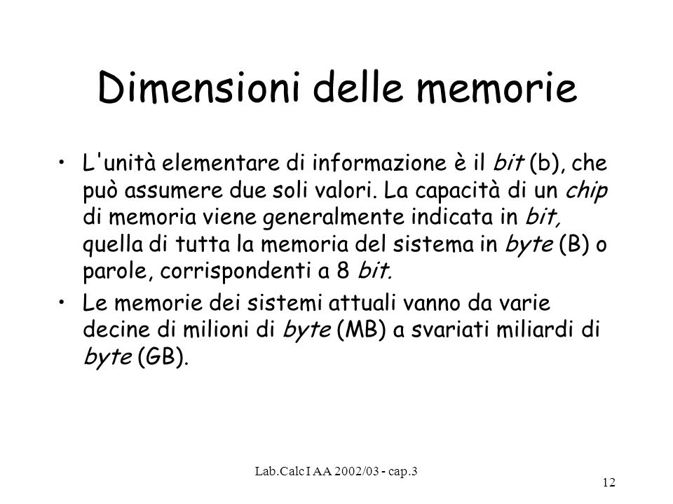 Dimensioni delle memorie