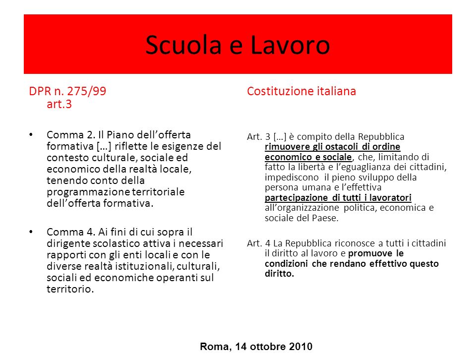 Scuola e Lavoro DPR n. 275/99 art.3 Costituzione italiana