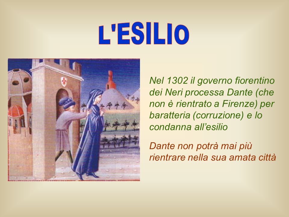 L ESILIO Nel 1302 il governo fiorentino dei Neri processa Dante (che non è rientrato a Firenze) per baratteria (corruzione) e lo condanna all’esilio.