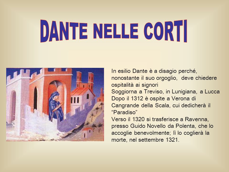 DANTE NELLE CORTI In esilio Dante è a disagio perché, nonostante il suo orgoglio, deve chiedere ospitalità ai signori.