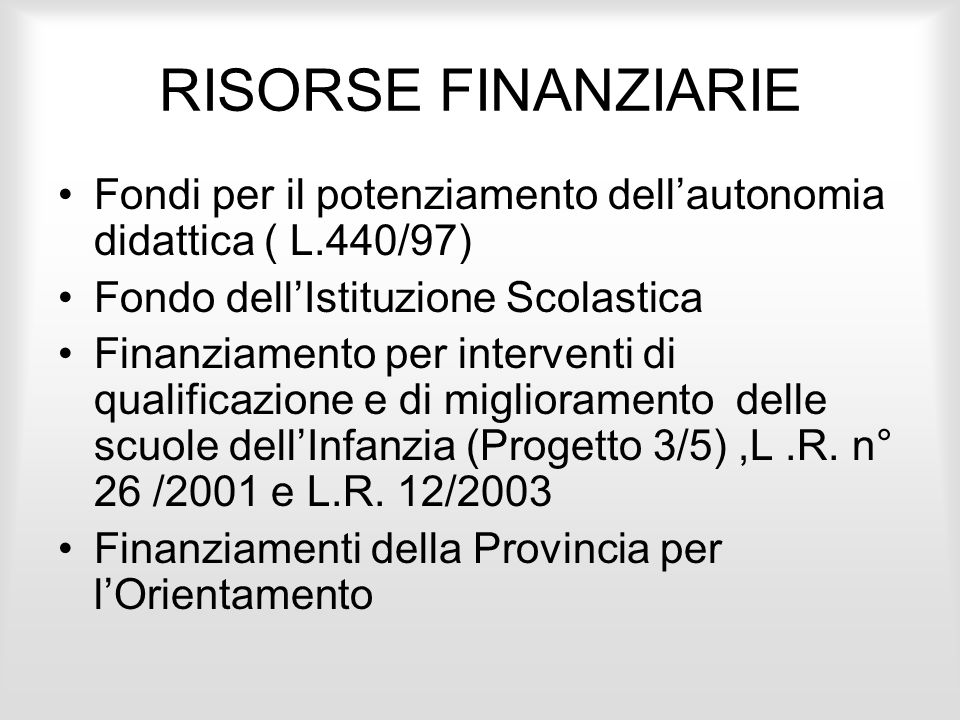 RISORSE FINANZIARIE Fondi per il potenziamento dell’autonomia didattica ( L.440/97) Fondo dell’Istituzione Scolastica.