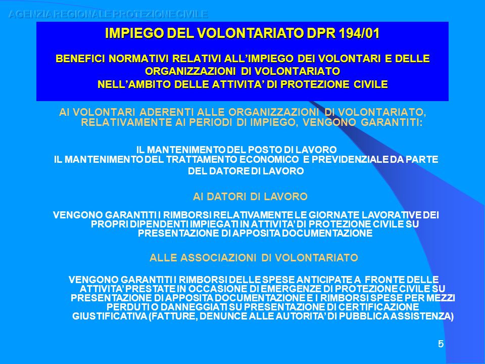 IMPIEGO DEL VOLONTARIATO DPR 194/01