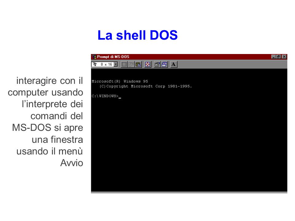 La shell DOS Si può anche interagire con il computer usando l’interprete dei comandi del.