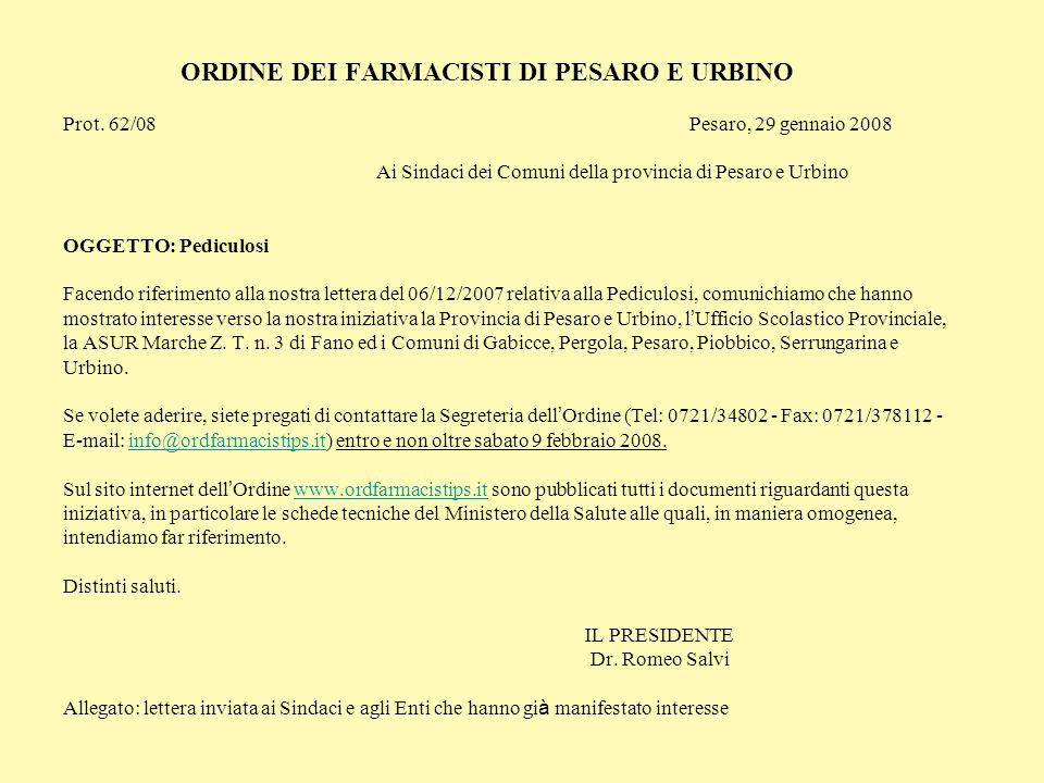 ORDINE DEI FARMACISTI DI PESARO E URBINO Prot. 62/08