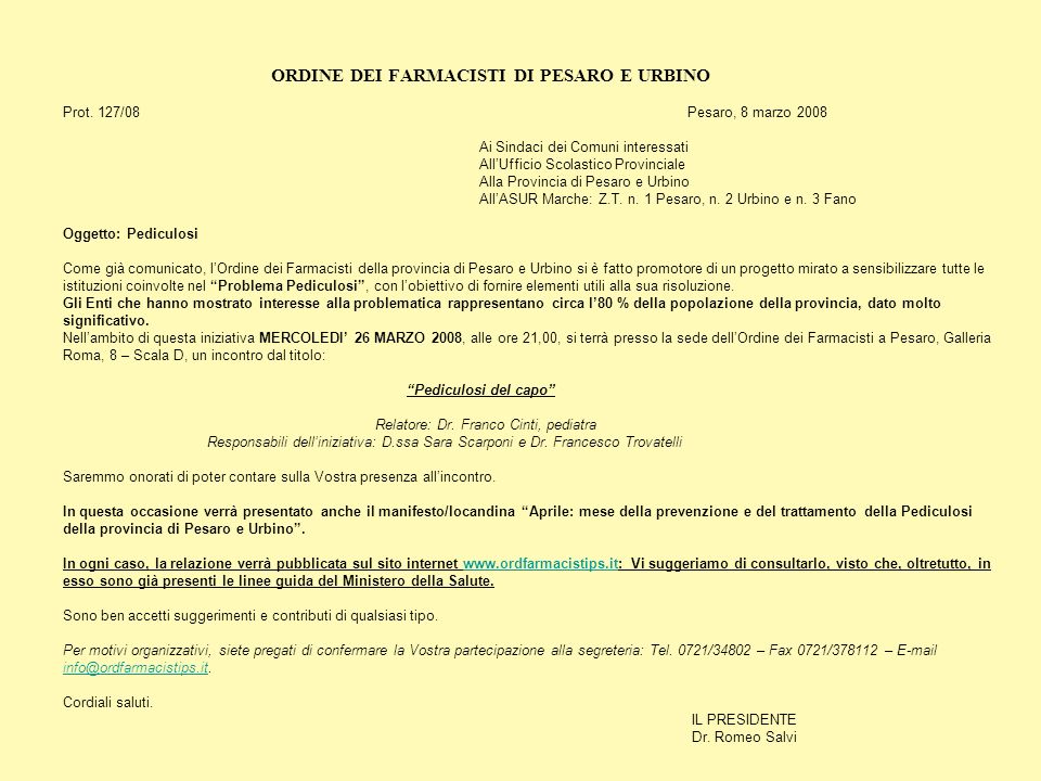 ORDINE DEI FARMACISTI DI PESARO E URBINO. Prot. 127/08