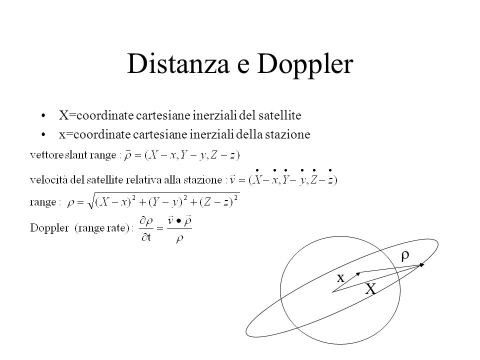 Distanza e Doppler X=coordinate cartesiane inerziali del satellite. x=coordinate cartesiane inerziali della stazione.