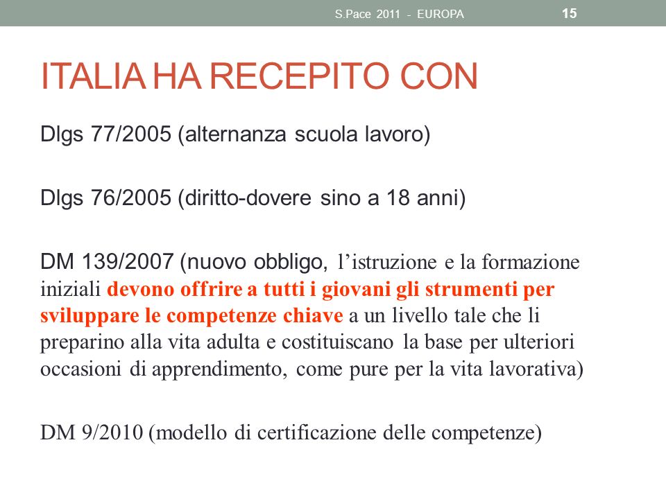 ITALIA HA RECEPITO CON Dlgs 77/2005 (alternanza scuola lavoro)