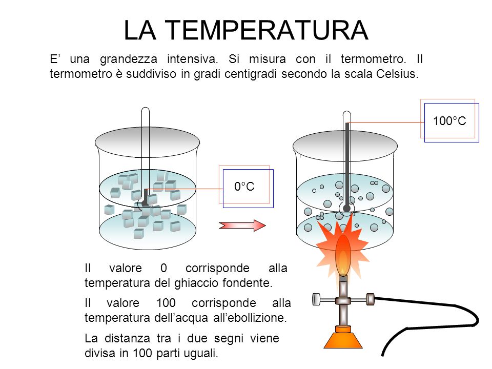 LA TEMPERATURA E’ una grandezza intensiva. Si misura con il termometro. Il termometro è suddiviso in gradi centigradi secondo la scala Celsius.
