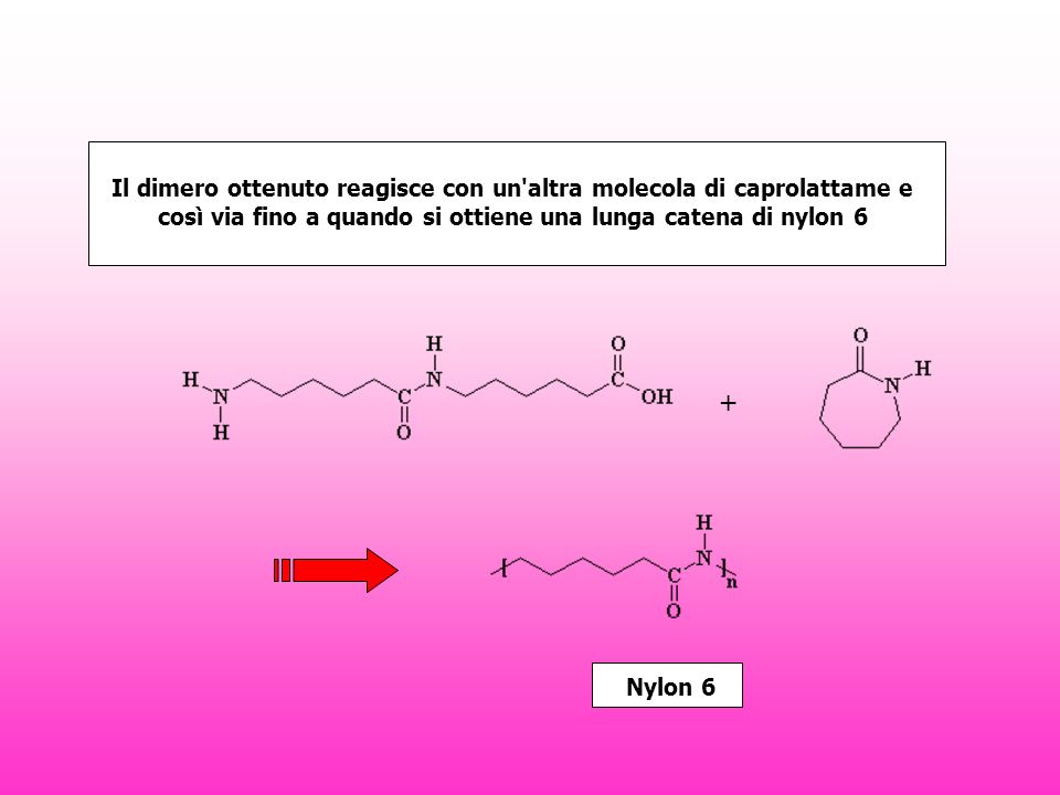 Il dimero ottenuto reagisce con un altra molecola di caprolattame e così via fino a quando si ottiene una lunga catena di nylon 6