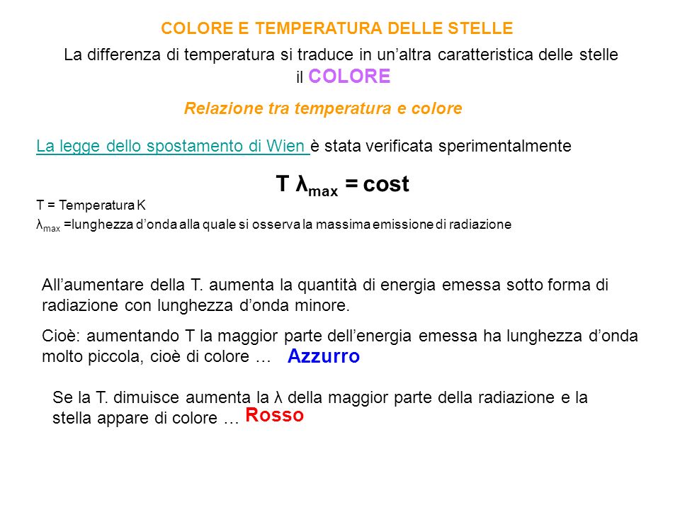 T λmax = cost Azzurro Rosso COLORE E TEMPERATURA DELLE STELLE