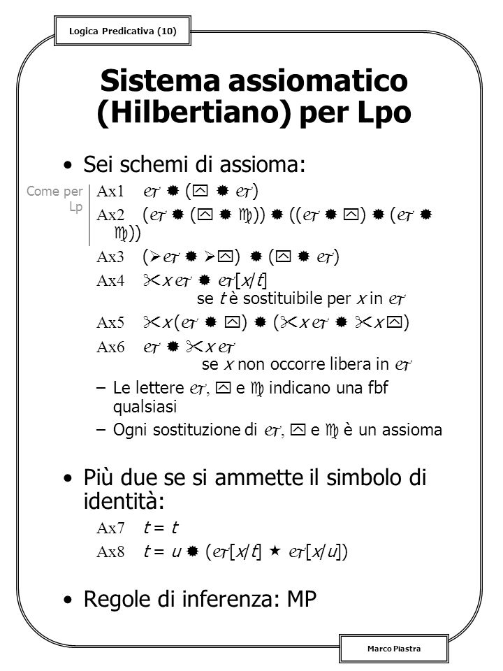 Sistema assiomatico (Hilbertiano) per Lpo