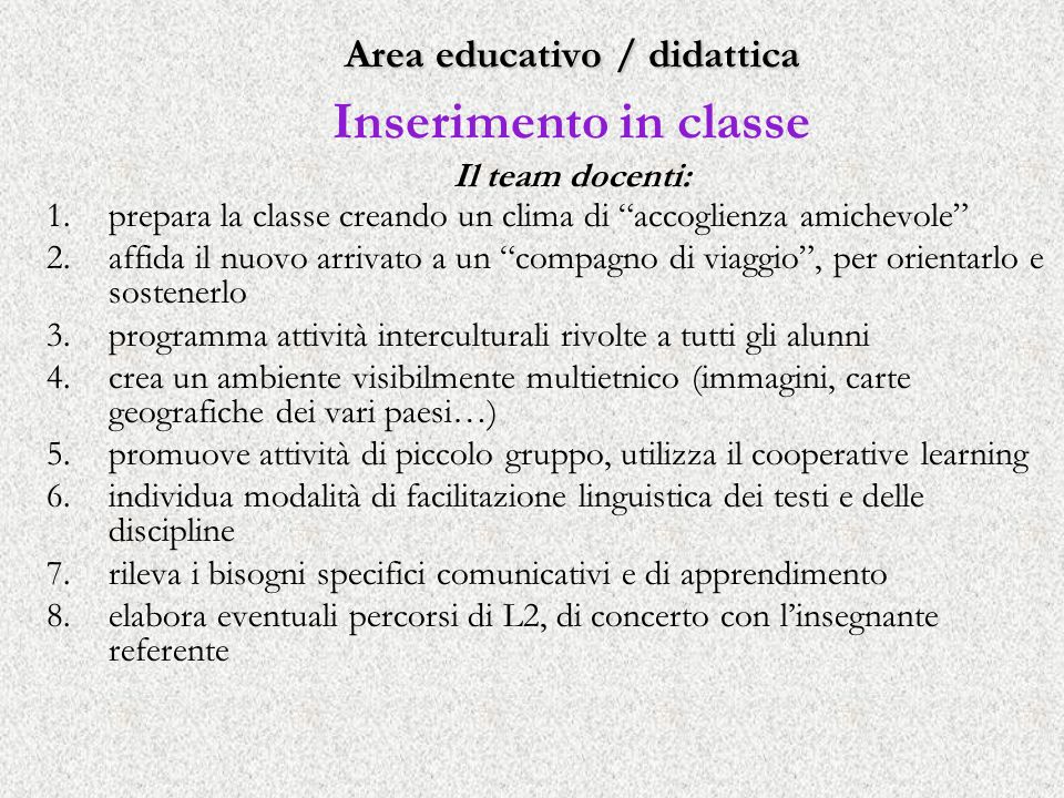 Area educativo / didattica Inserimento in classe Il team docenti: