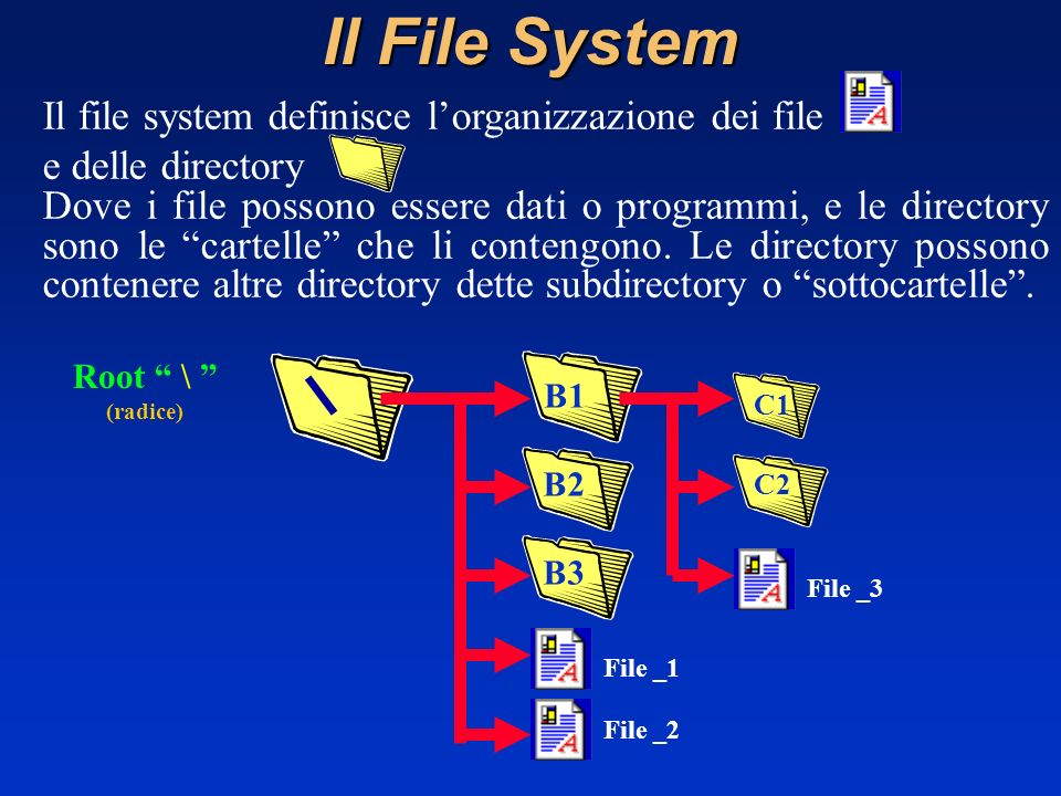 Il File System Il file system definisce l’organizzazione dei file