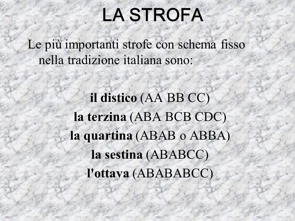 LA STROFA Le più importanti strofe con schema fisso nella tradizione italiana sono: il distico (AA BB CC)