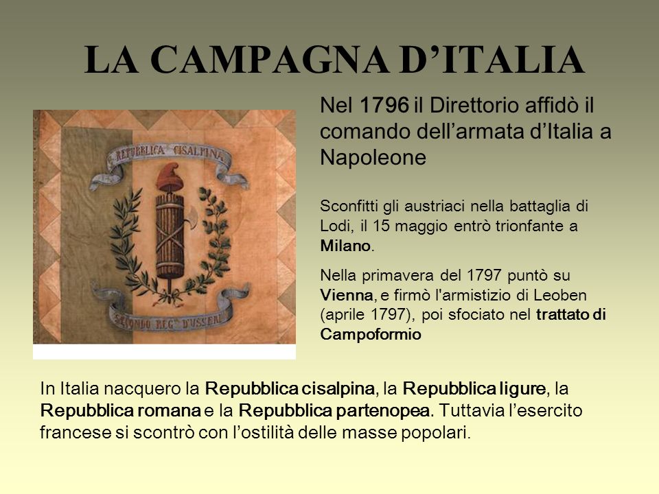 LA CAMPAGNA D’ITALIA Nel 1796 il Direttorio affidò il comando dell’armata d’Italia a Napoleone.