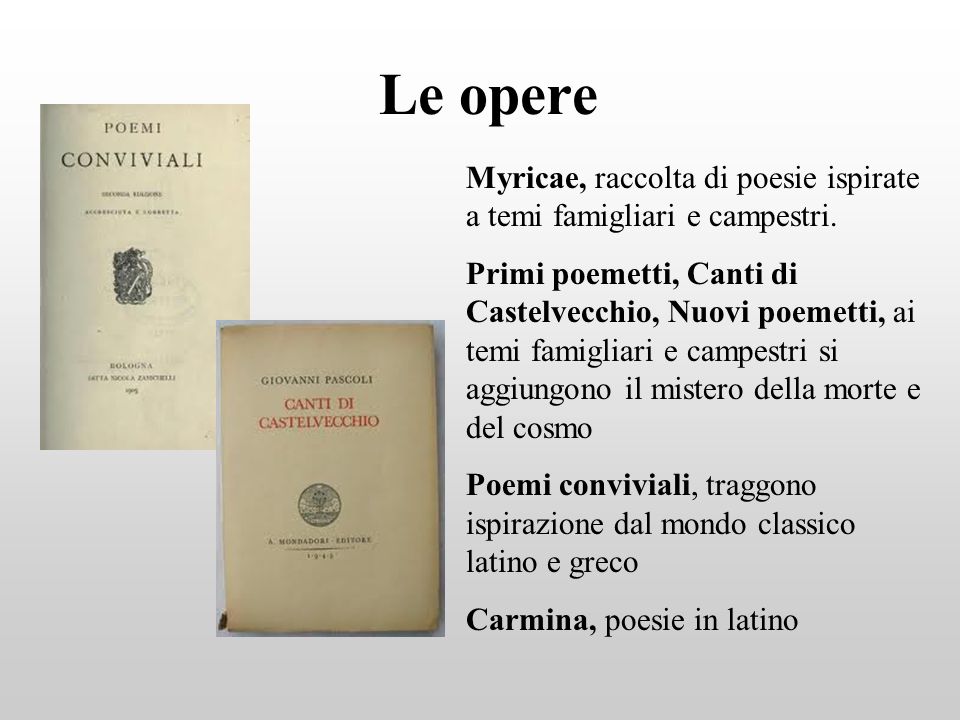 Le opere Myricae, raccolta di poesie ispirate a temi famigliari e campestri.