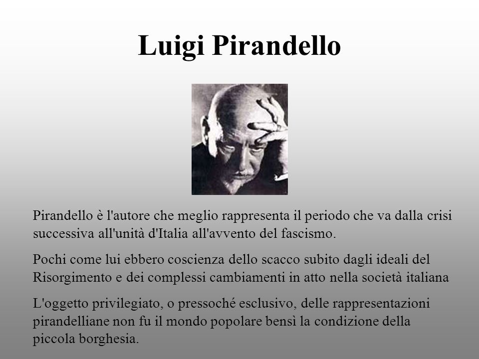 Luigi Pirandello Pirandello è l autore che meglio rappresenta il periodo che va dalla crisi successiva all unità d Italia all avvento del fascismo.