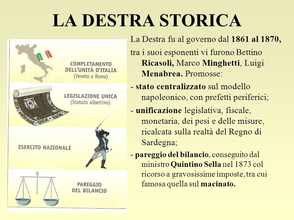 LA DESTRA STORICA La Destra fu al governo dal 1861 al 1870,