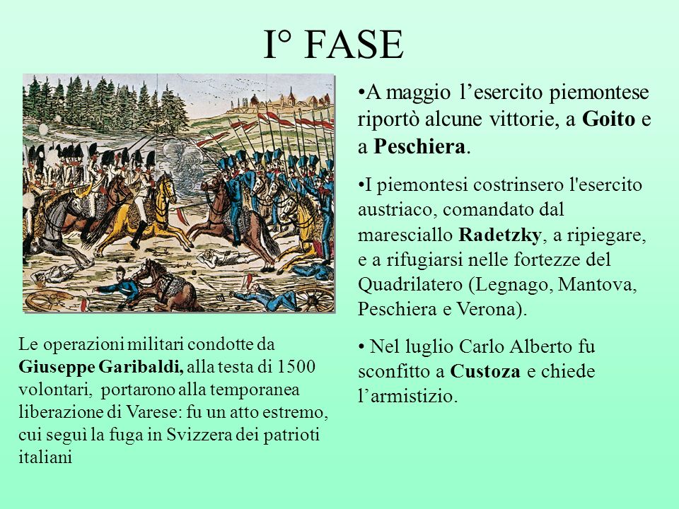 I° FASE A maggio l’esercito piemontese riportò alcune vittorie, a Goito e a Peschiera.