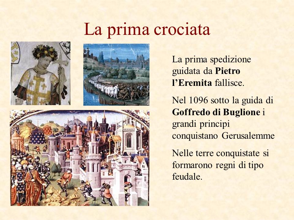 La prima crociata La prima spedizione guidata da Pietro l’Eremita fallisce.