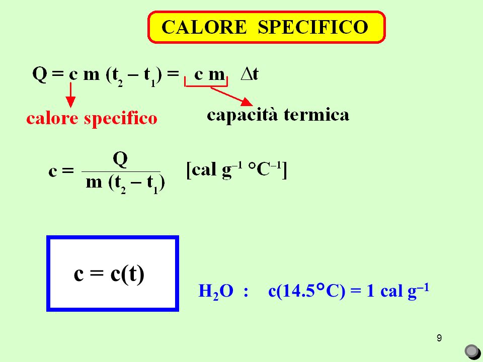 H2O : c(14.5°C) = 1 cal g–1 c = c(t)