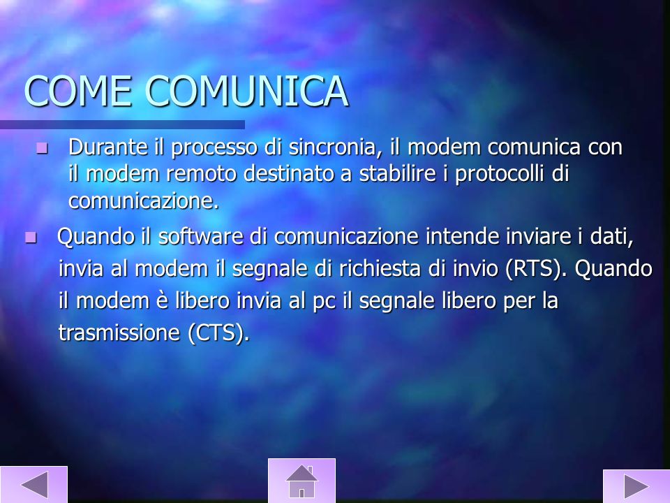 COME COMUNICA Durante il processo di sincronia, il modem comunica con il modem remoto destinato a stabilire i protocolli di comunicazione.