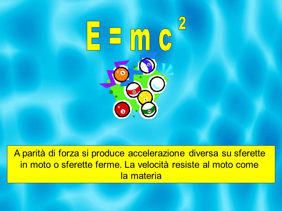 2 E = m c. A parità di forza si produce accelerazione diversa su sferette. in moto o sferette ferme. La velocità resiste al moto come.