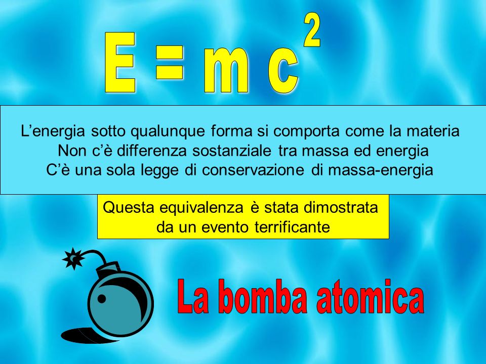 2 E = m c. L’energia sotto qualunque forma si comporta come la materia. Non c’è differenza sostanziale tra massa ed energia.