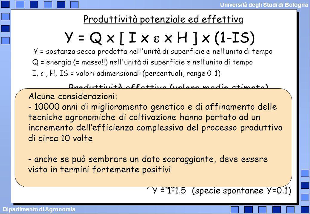 Y = Q x [ I x e x H ] x (1-IS) Produttività potenziale ed effettiva