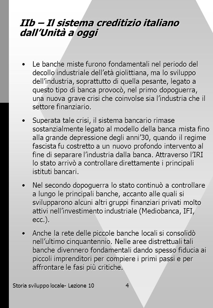 IIb – Il sistema creditizio italiano dall’Unità a oggi
