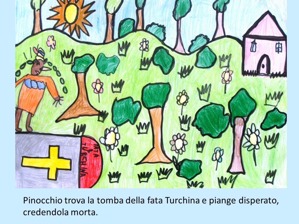 Pinocchio trova la tomba della fata Turchina e piange disperato, credendola morta.