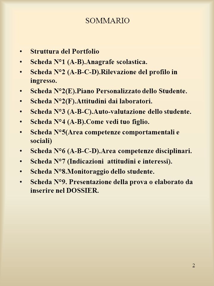 SOMMARIO Struttura del Portfolio Scheda N°1 (A-B).Anagrafe scolastica.
