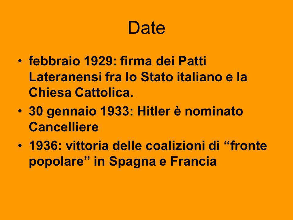 Date febbraio 1929: firma dei Patti Lateranensi fra lo Stato italiano e la Chiesa Cattolica. 30 gennaio 1933: Hitler è nominato Cancelliere.