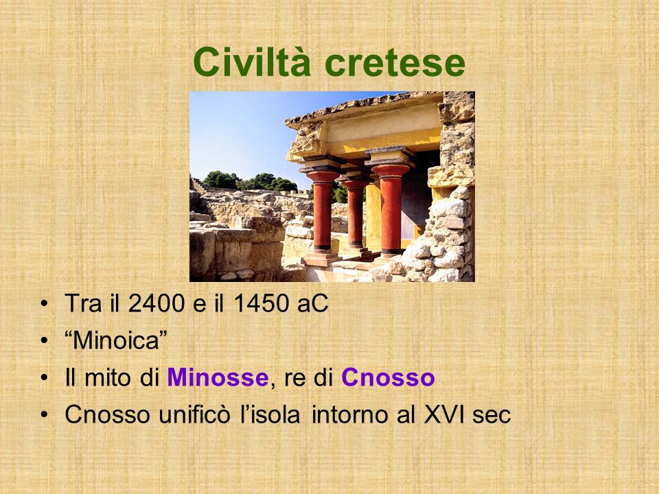 Civiltà cretese Tra il 2400 e il 1450 aC Minoica