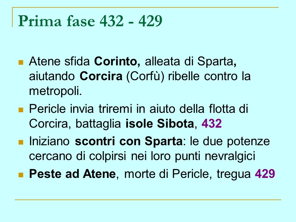 Prima fase Atene sfida Corinto, alleata di Sparta, aiutando Corcira (Corfù) ribelle contro la metropoli.
