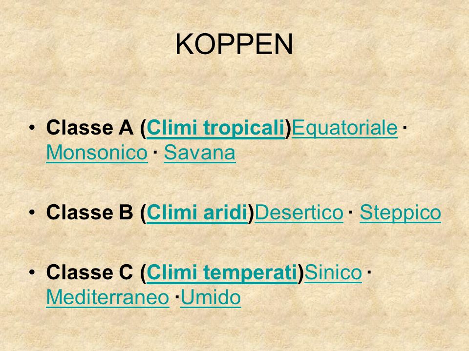 KOPPEN Classe A (Climi tropicali)Equatoriale · Monsonico · Savana