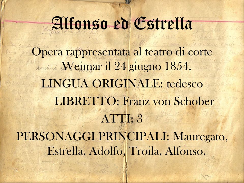 Alfonso ed Estrella Opera rappresentata al teatro di corte Weimar il 24 giugno LINGUA ORIGINALE: tedesco.