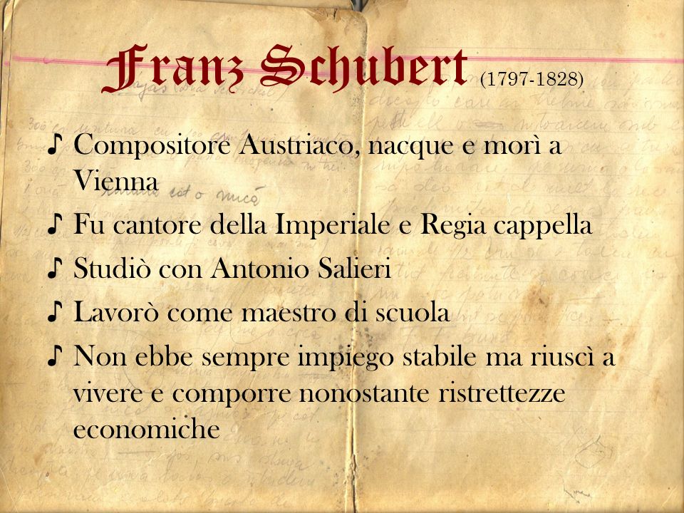 Franz Schubert ( ) Compositore Austriaco, nacque e morì a Vienna. Fu cantore della Imperiale e Regia cappella.