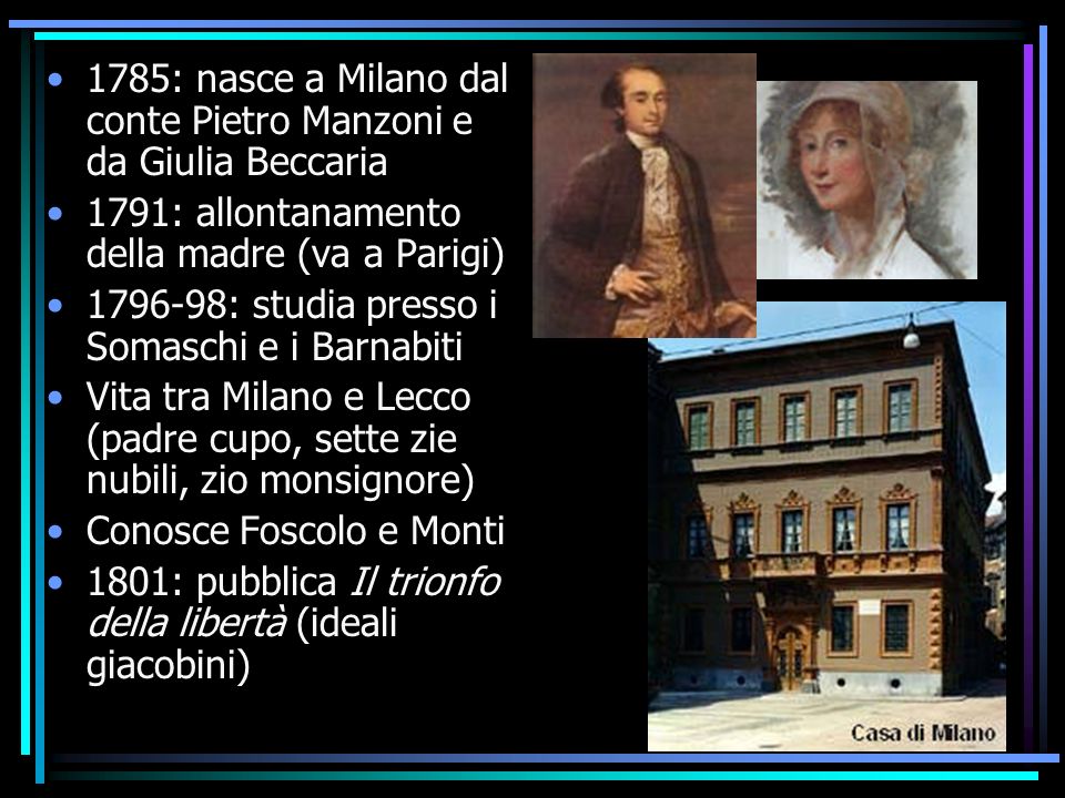 1785: nasce a Milano dal conte Pietro Manzoni e da Giulia Beccaria
