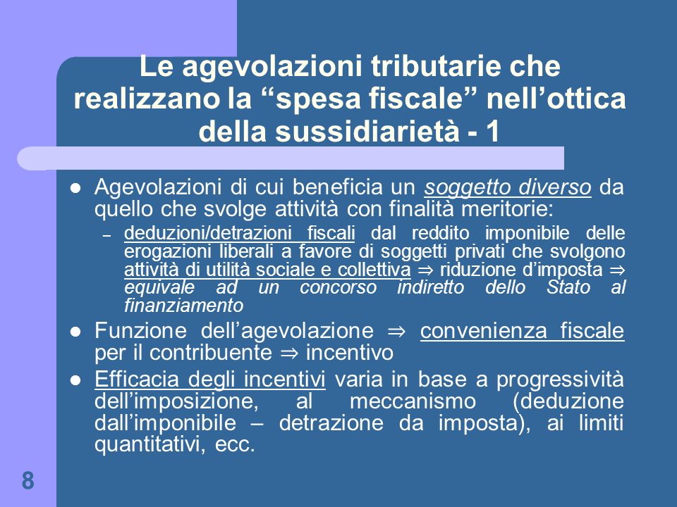 Le agevolazioni tributarie che realizzano la spesa fiscale nell’ottica della sussidiarietà - 1