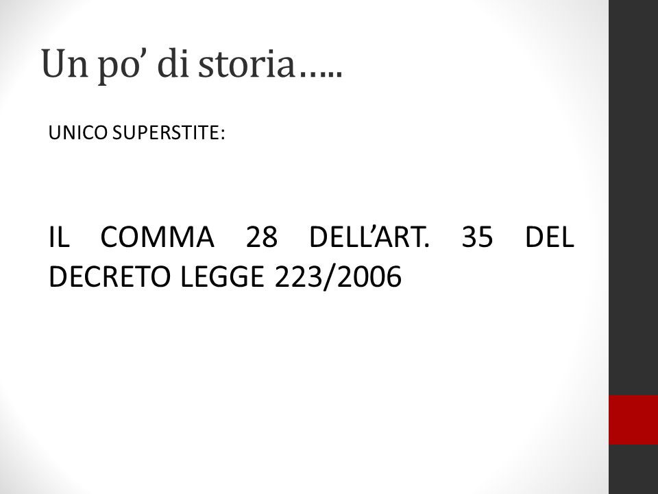 Un po’ di storia….. UNICO SUPERSTITE: IL COMMA 28 DELL’ART. 35 DEL DECRETO LEGGE 223/2006