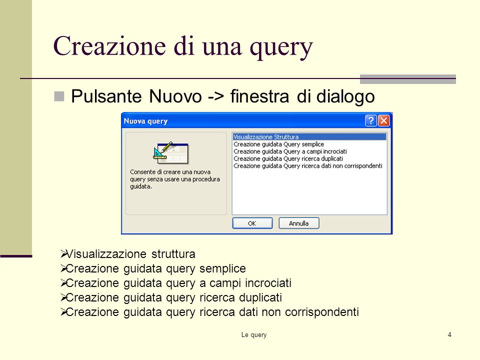 Creazione di una query Pulsante Nuovo -> finestra di dialogo