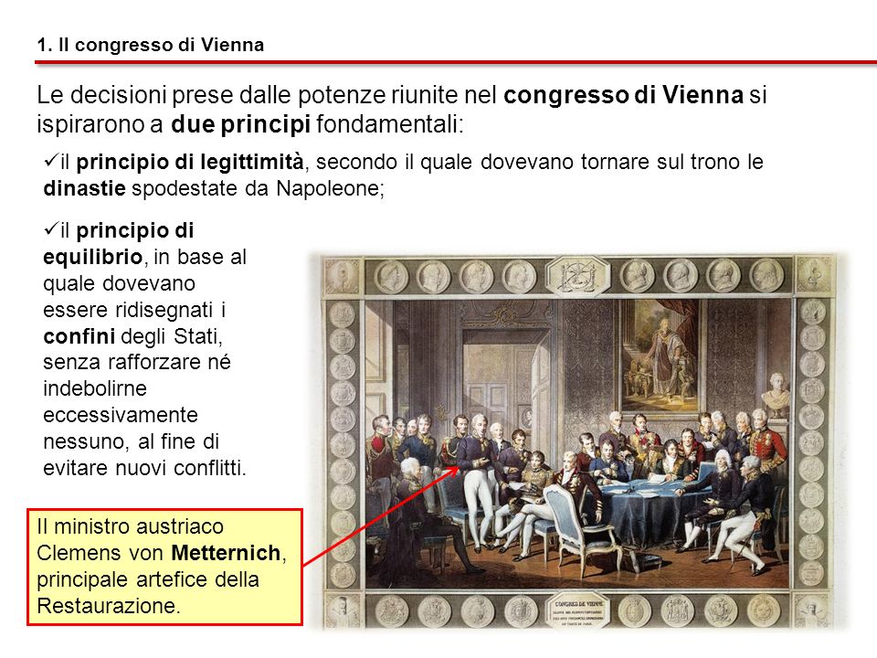 1. Il congresso di Vienna Le decisioni prese dalle potenze riunite nel congresso di Vienna si ispirarono a due principi fondamentali: