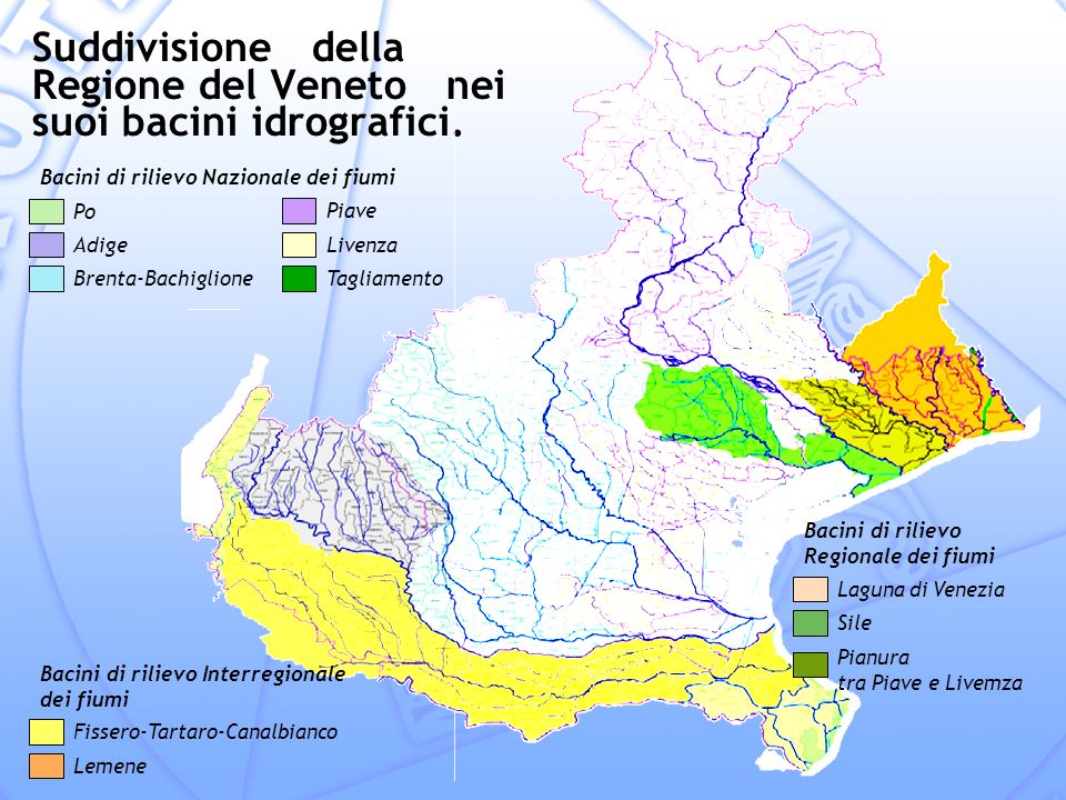 Suddivisione della Regione del Veneto nei suoi bacini idrografici.