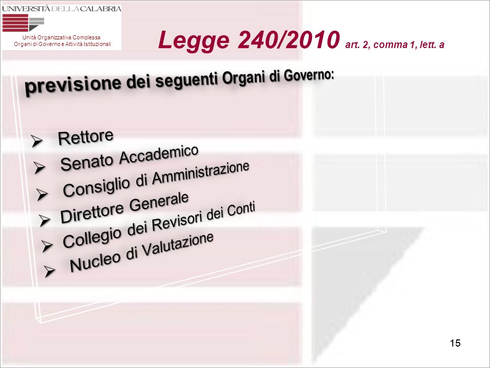 Legge 240/2010 art. 2, comma 1, lett. a Unità Organizzativa Complessa Organi di Governo e Attività Istituzionali.