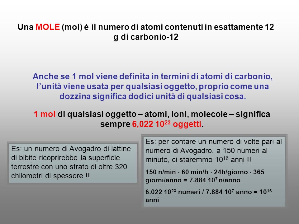 Una MOLE (mol) è il numero di atomi contenuti in esattamente 12 g di carbonio-12