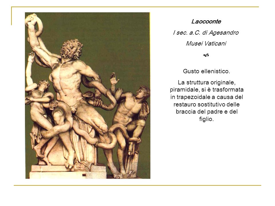 Laocoonte I sec. a.C. di Agesandro. Musei Vaticani.  Gusto ellenistico.
