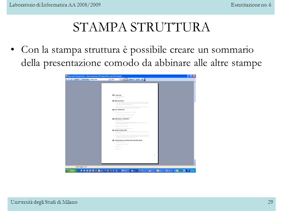 STAMPA STRUTTURA Con la stampa struttura è possibile creare un sommario della presentazione comodo da abbinare alle altre stampe.