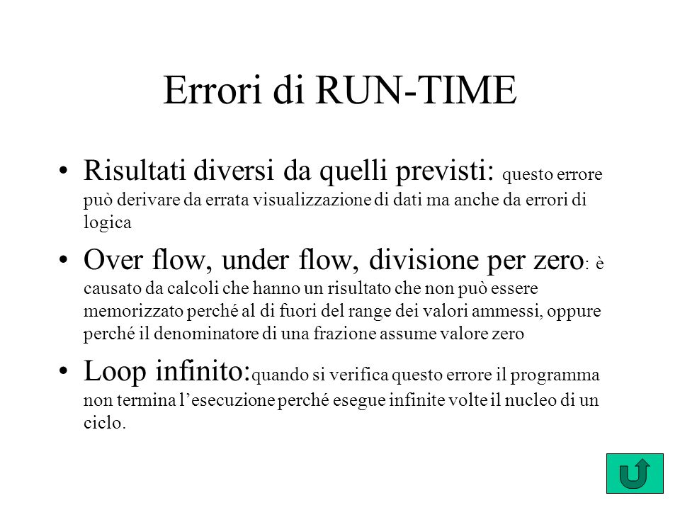 Errori di RUN-TIME Risultati diversi da quelli previsti: questo errore può derivare da errata visualizzazione di dati ma anche da errori di logica.